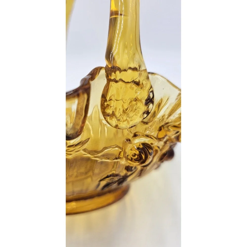 Vintage Amber Pressed Glass Basket Ruffled Edges Roses Applied Handle